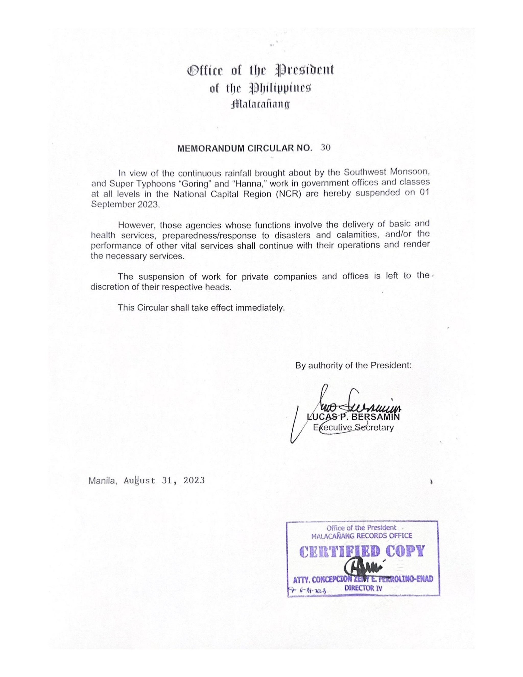 Memorandum Circular No. 30 by Malacañang